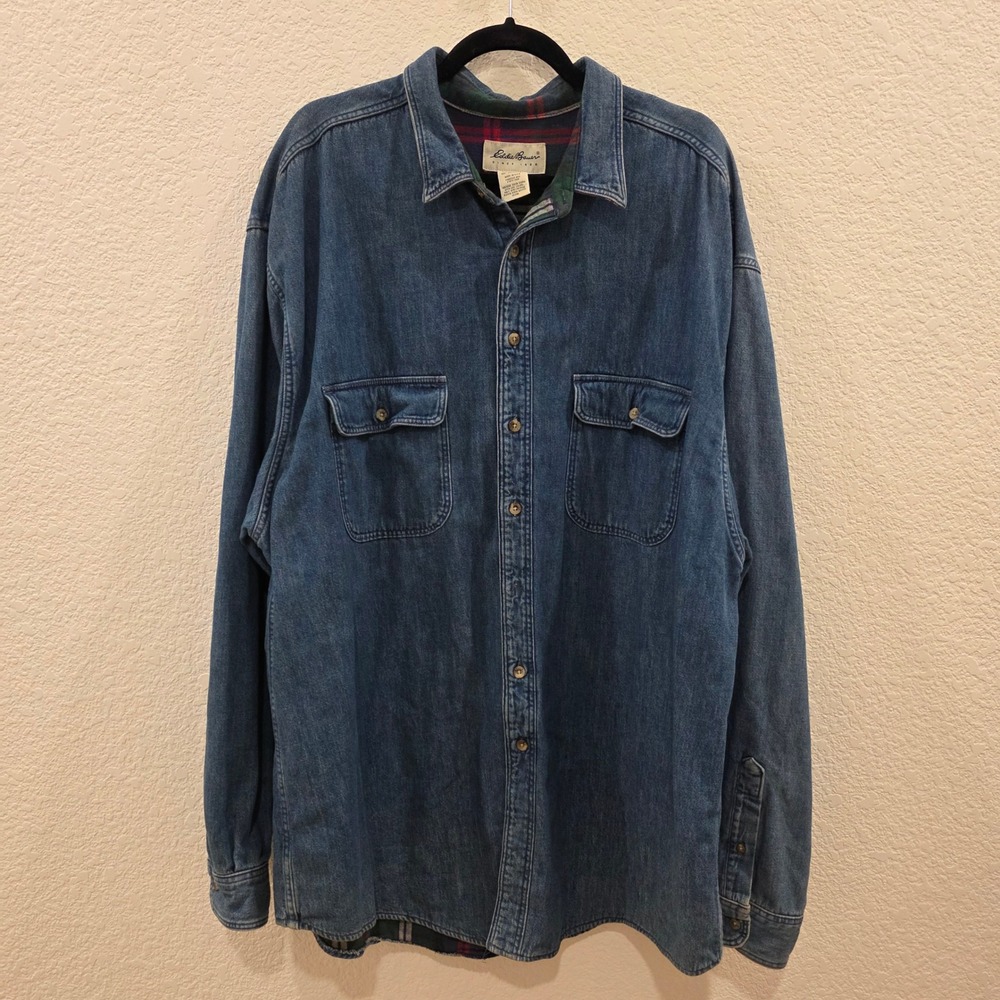 Vintage Eddie Bauer Denim Flannel Lined Shacket Mens XXL Tall Blue Made in USA
